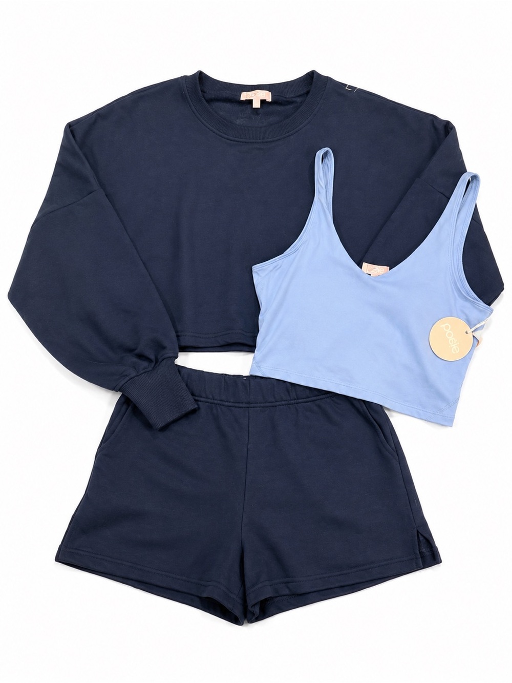 Posie Active 3 Piece Cropped Sweatshirt, Sports Bra, and Shorts Set Blue S NWT